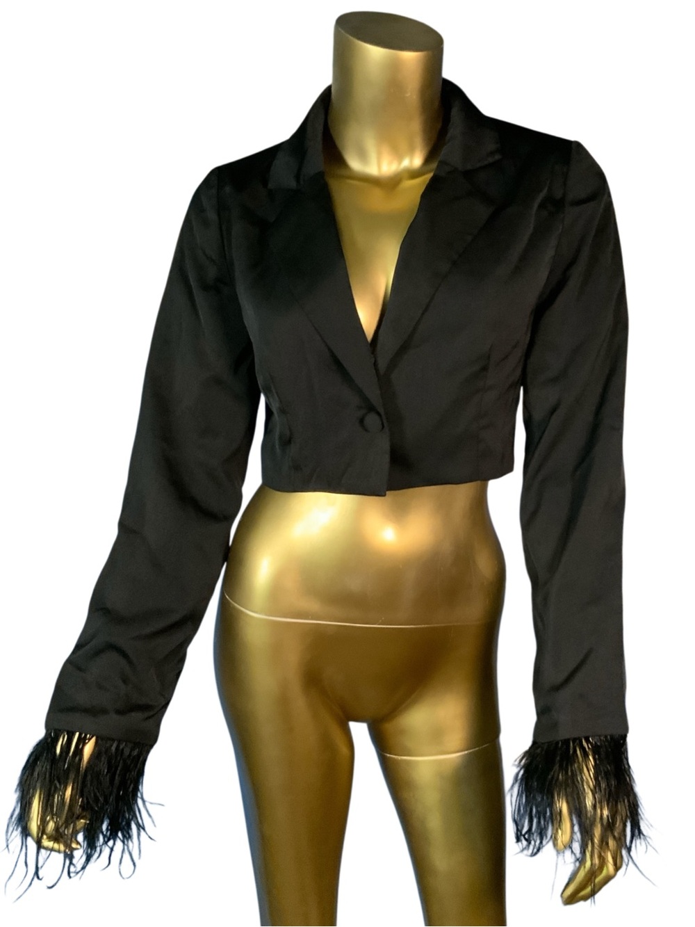 Cotton Candy LA Black Cropped Blazer with Feather Cuffs